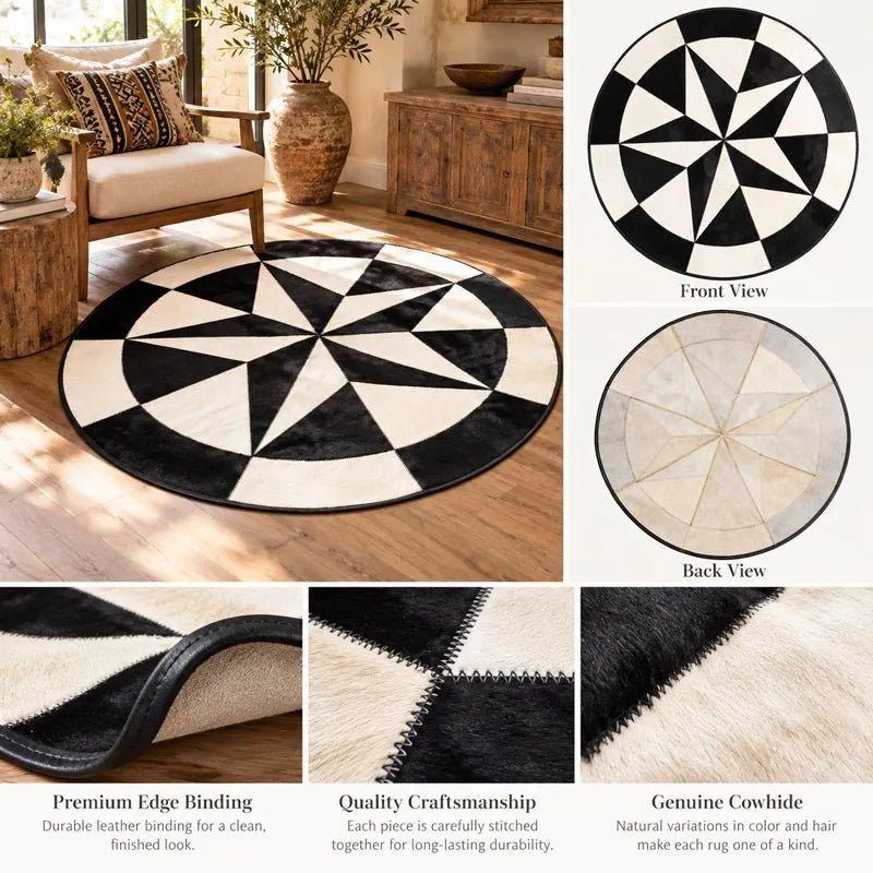 Black & White TEXAS STAR Cowhide Patchwork Rug