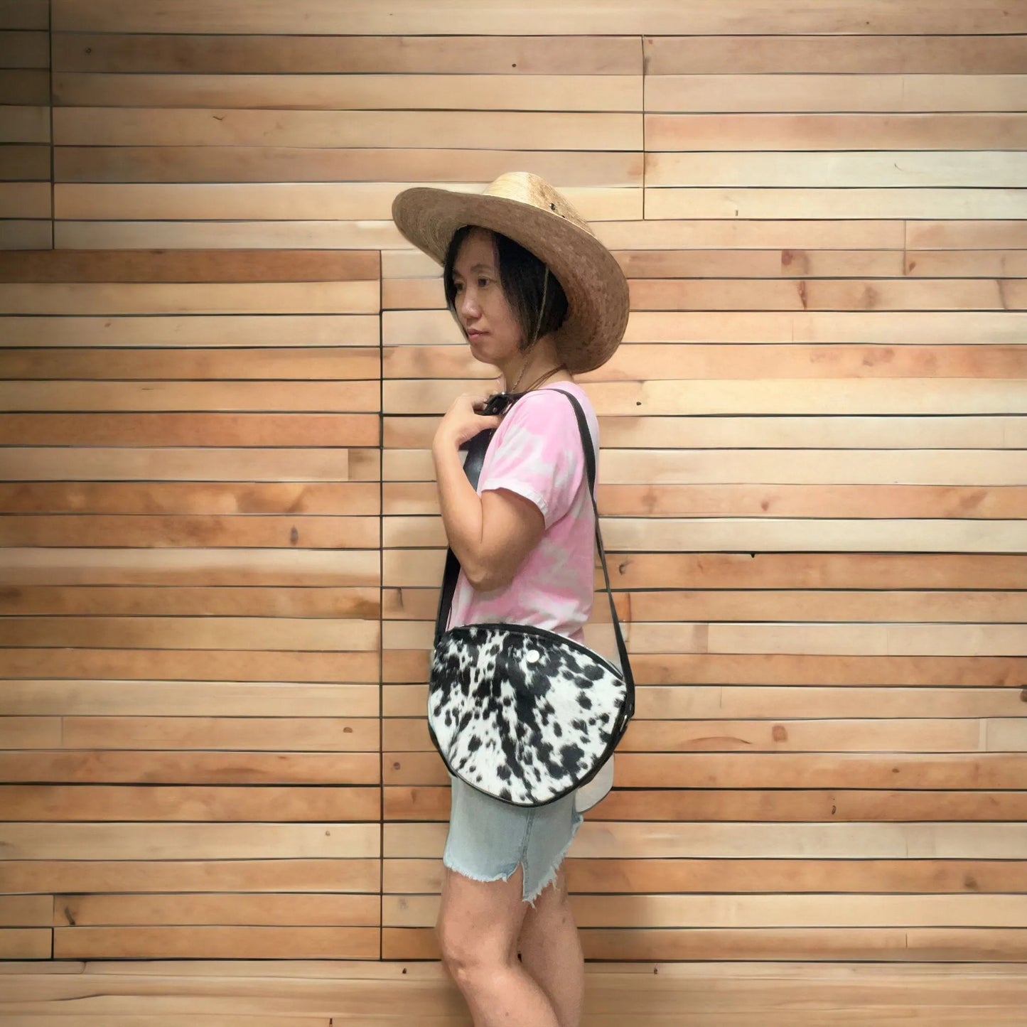 Cowhide moonshape crossbody