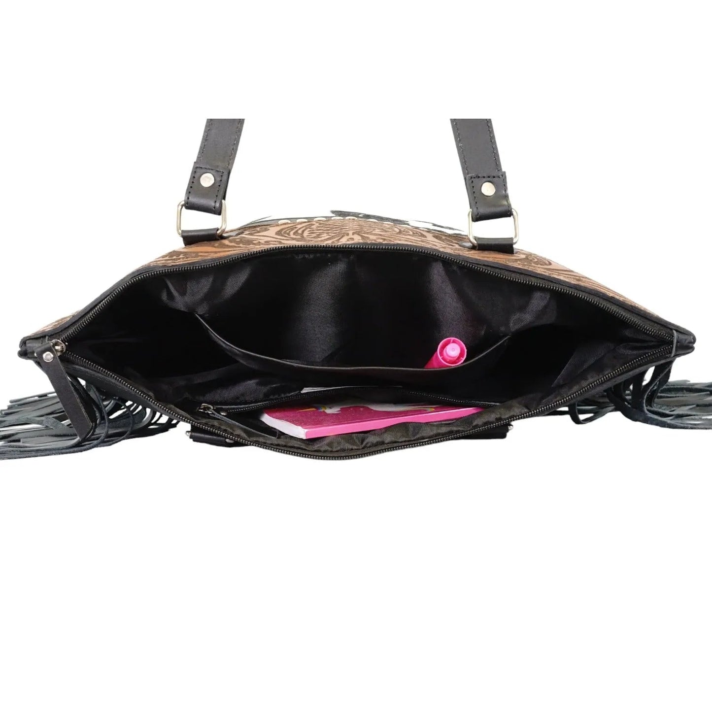 Hair on genius leather cowhide tote bag with fringes