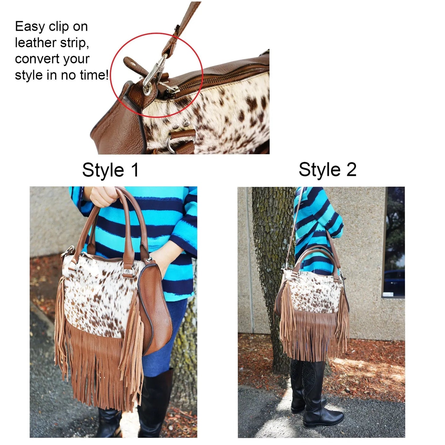 Handcrafted Genuine Cowhide Tote Bag with Fringe Detailing