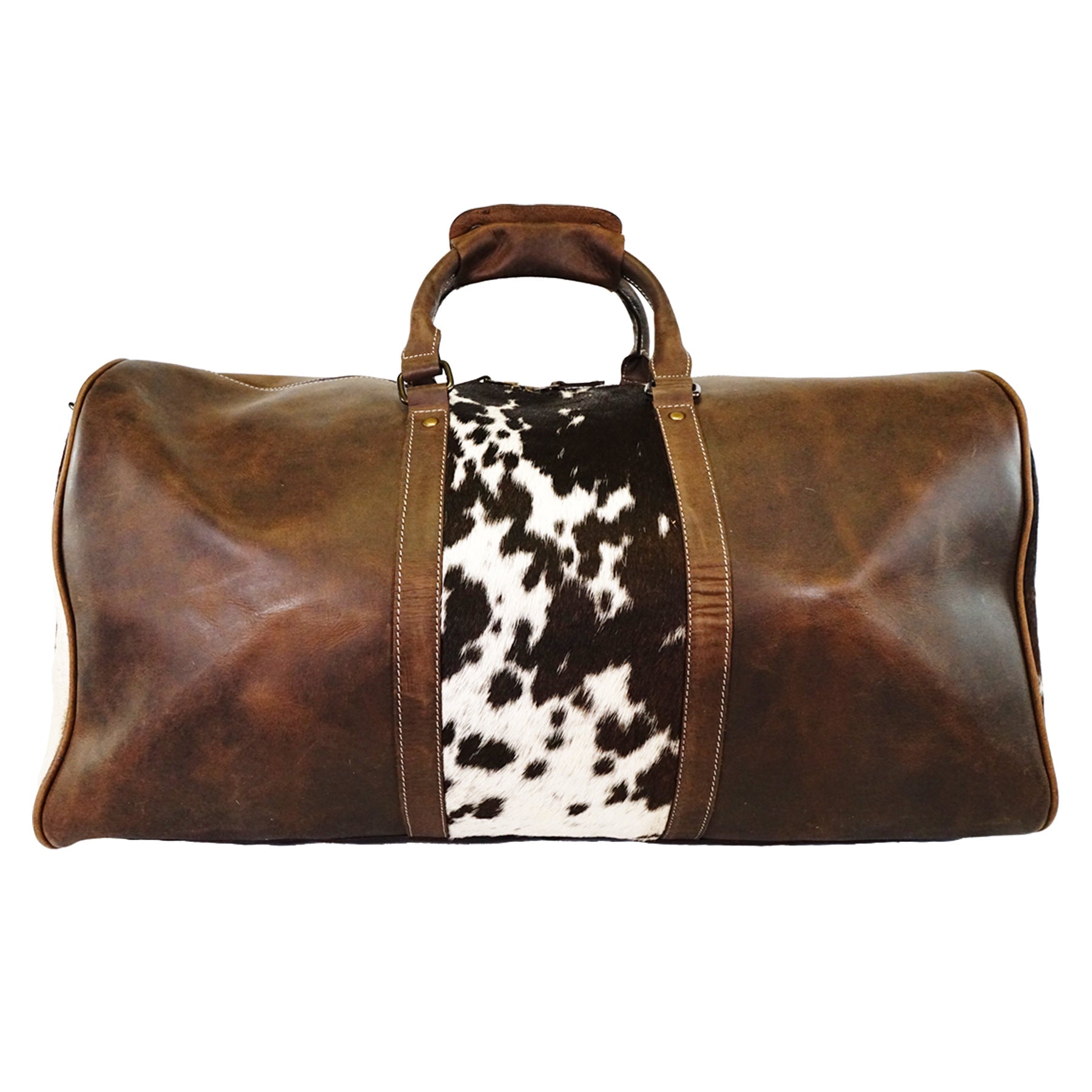 Cowhide Duffel Bag Large Travel Bag Genuine Leather Weekend Bag in store Brown & White