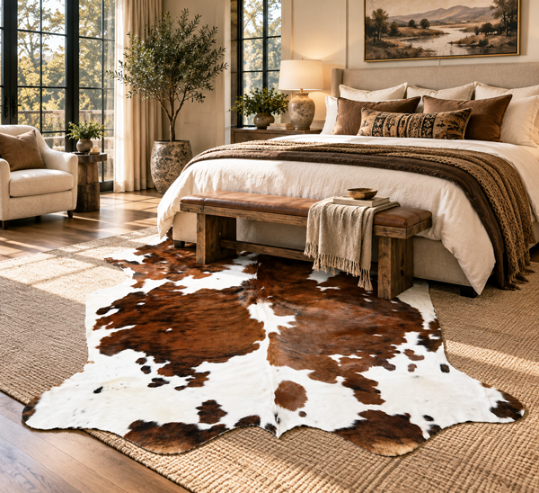 tricolor cowhide rug for bedroom