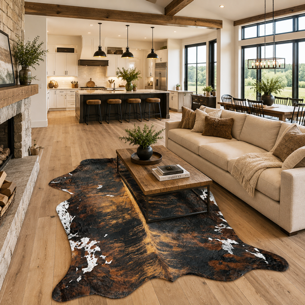 large cowhide rug for open living room