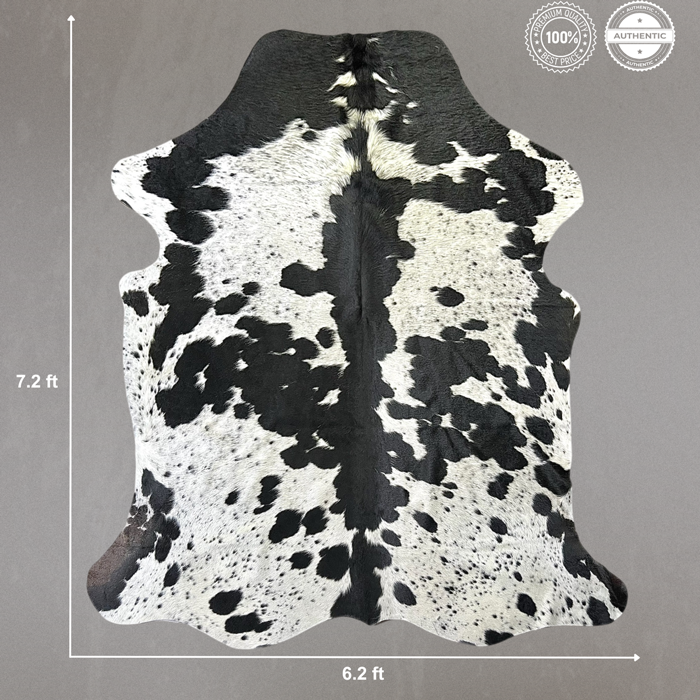 Large Black and White  Cowhide Rug Size 6.2 x 7.2 ft ---5369Q