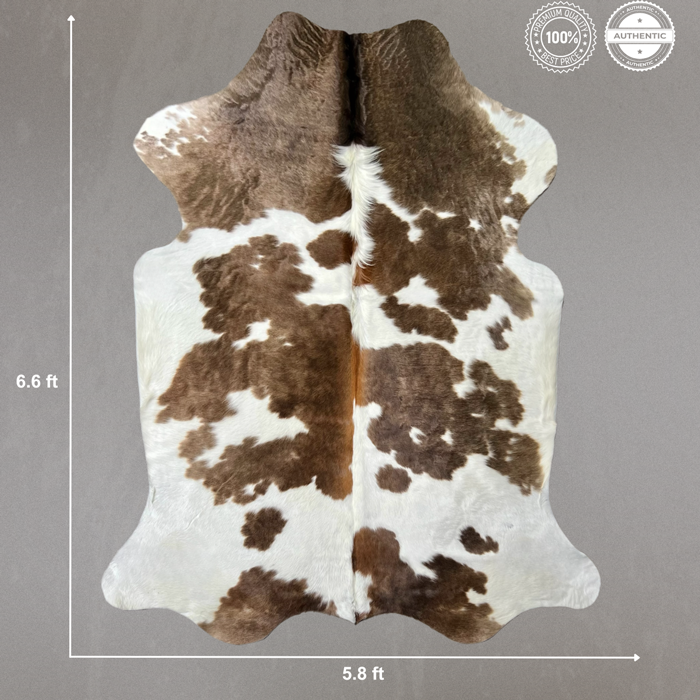 Large Brown and White Cowhide Rug Size 5.8 x 6.6 ft ---5377R