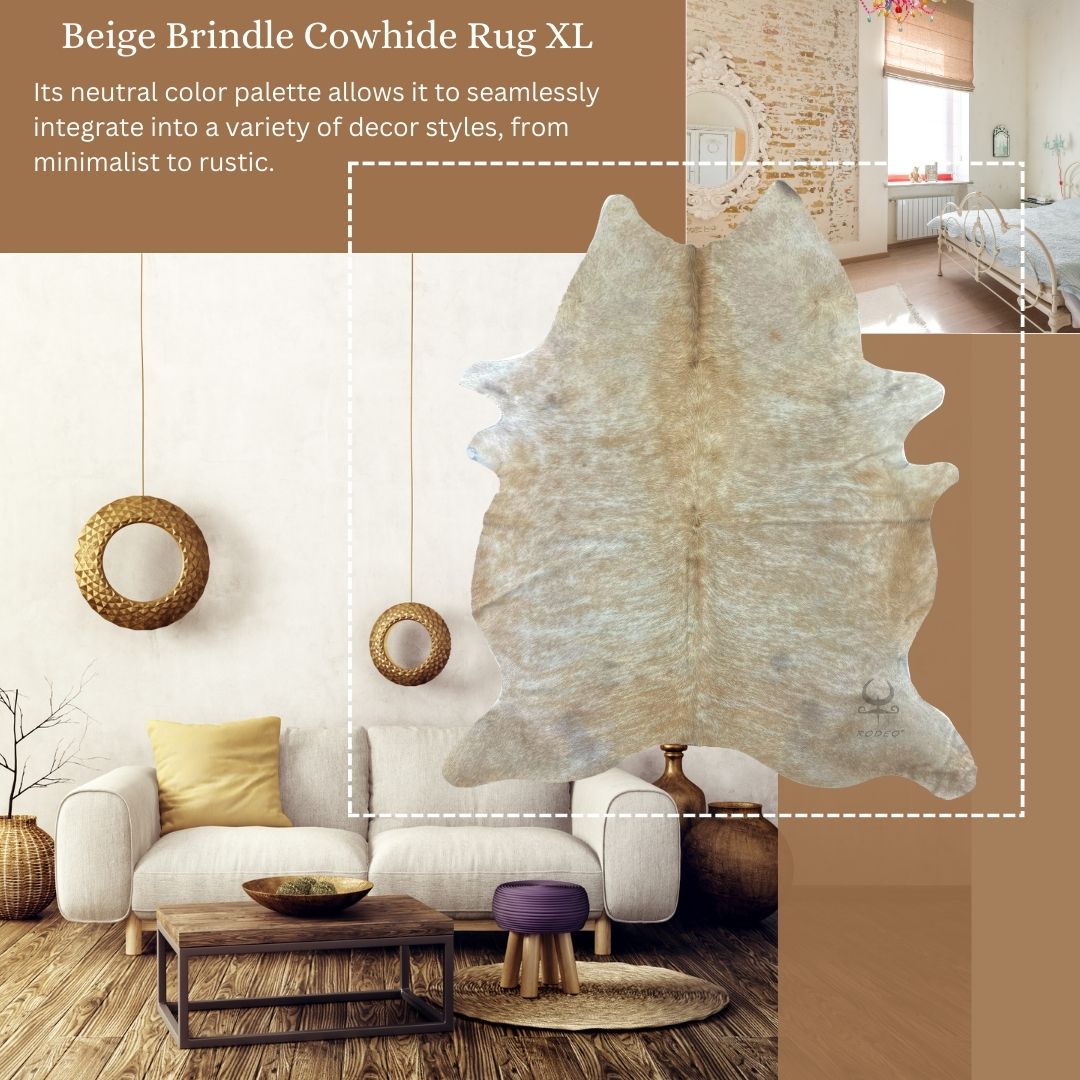 Spacious Beige Brindle Genuine Cowhide Rug, Perfect for Elegant Interior Design and Comfort