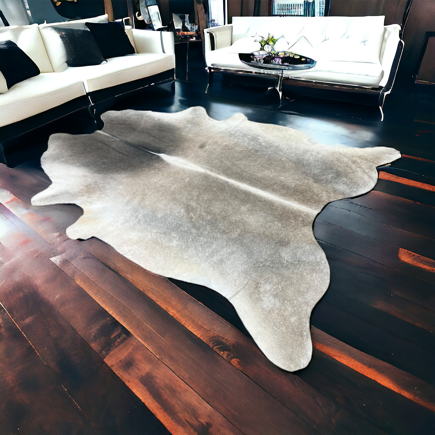 Plush XL gray tan Cowhide Rug - Sophisticated Natural Accent for High-End Interior Design