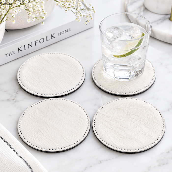 All White Cowhide Coaster Sets