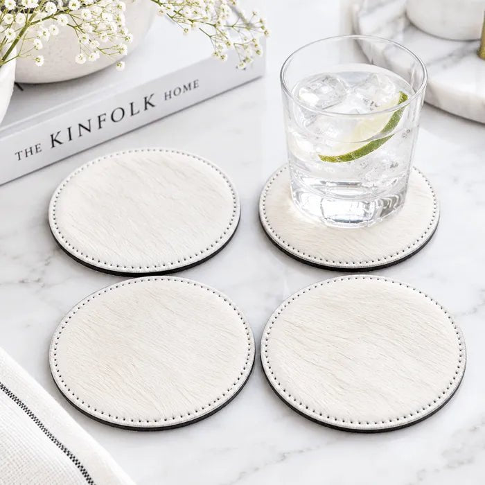 All White Cowhide Coaster Sets