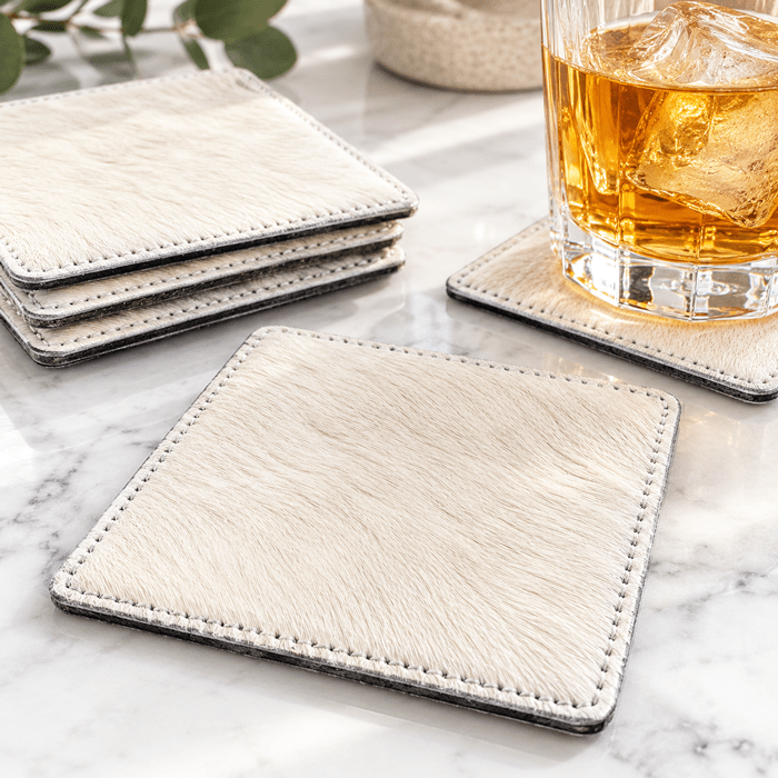 All White Cowhide Coaster Sets
