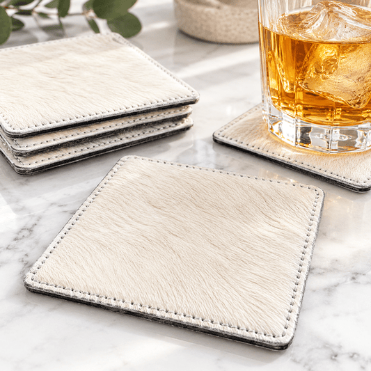All White Cowhide Coaster Sets