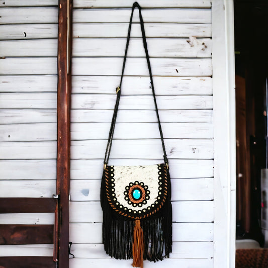 Aztec-Inspired Cowhide Purse with Boho Fringe - Rodeo Cowhide RugsBlack