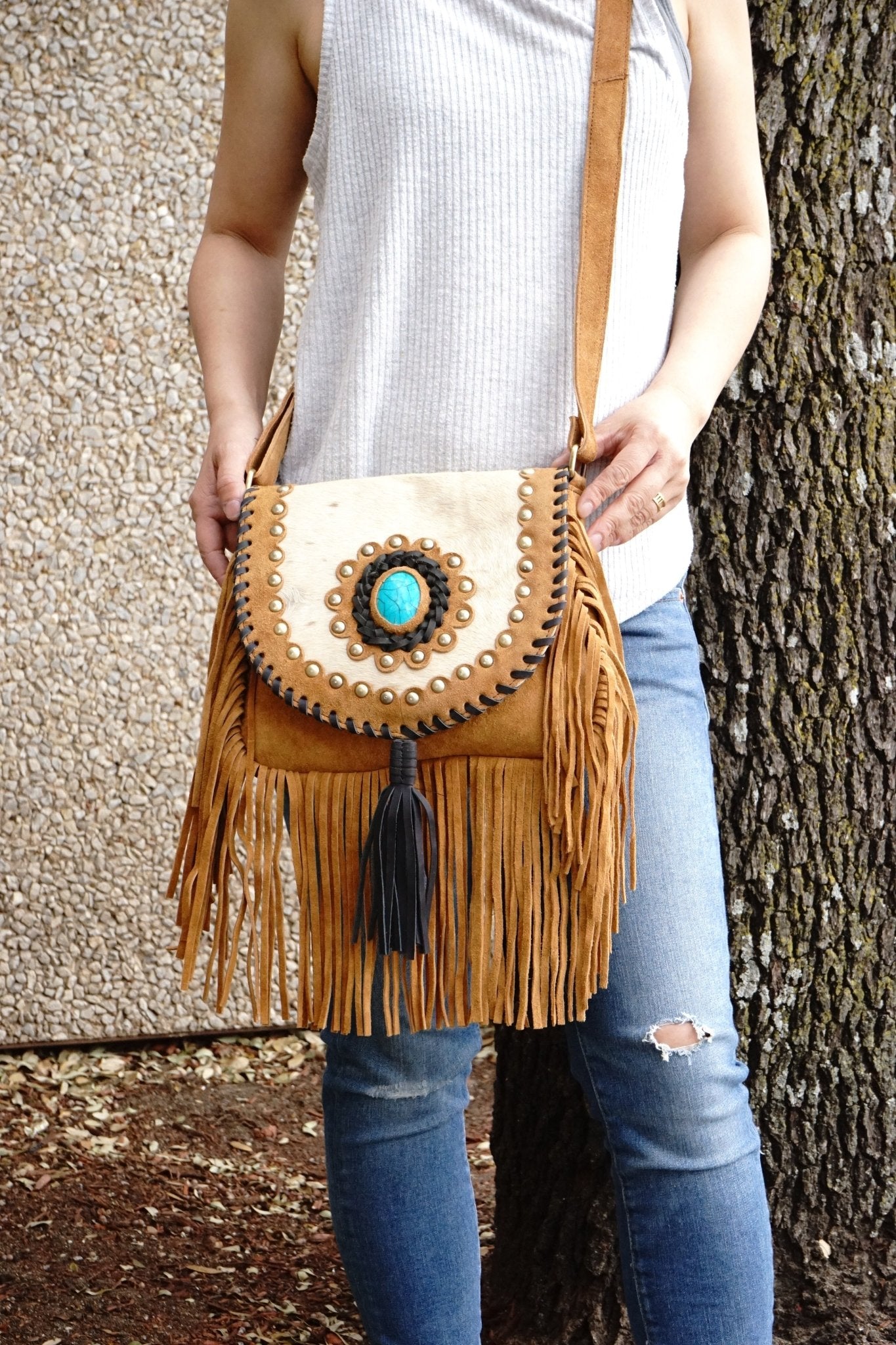Aztec-Inspired Cowhide Purse with Boho Fringe - Rodeo Cowhide RugsBrown