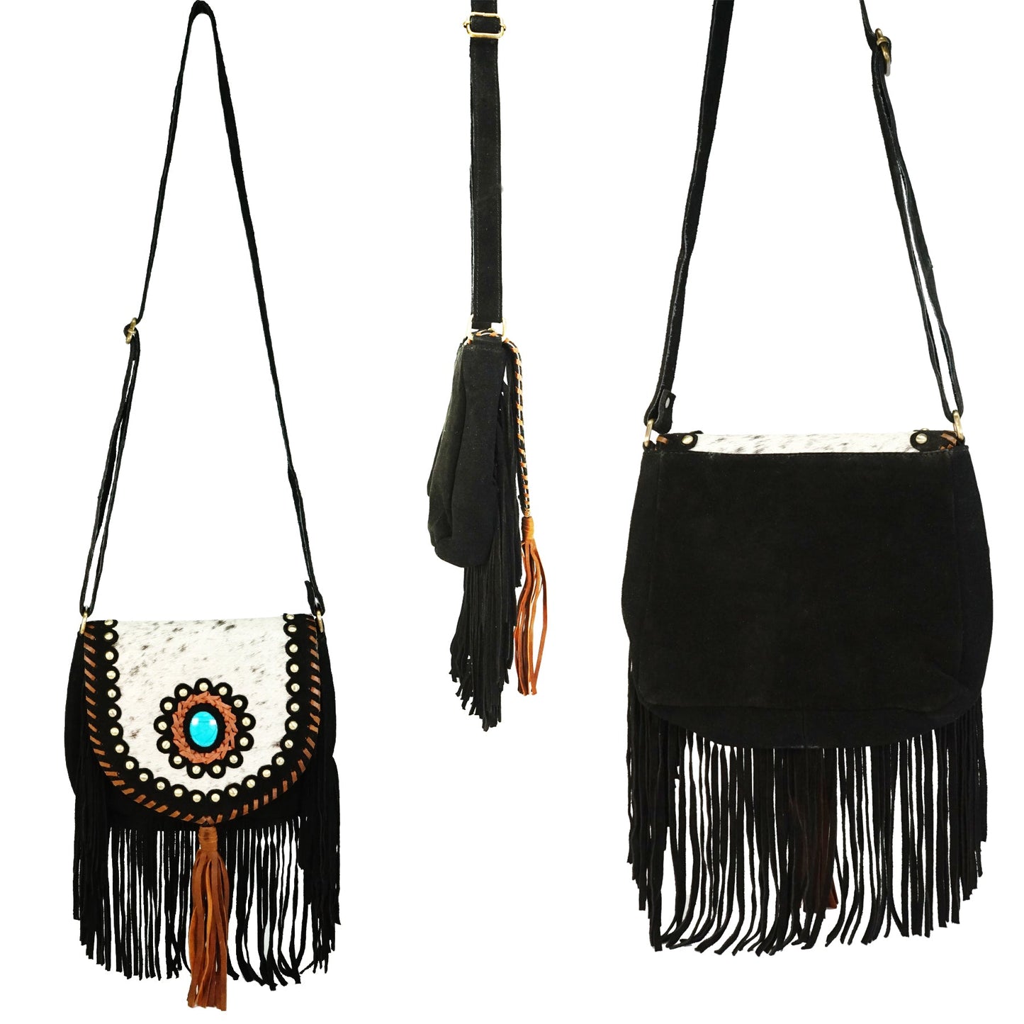Aztec-Inspired Cowhide Purse with Boho Fringe - Rodeo Cowhide RugsBrown