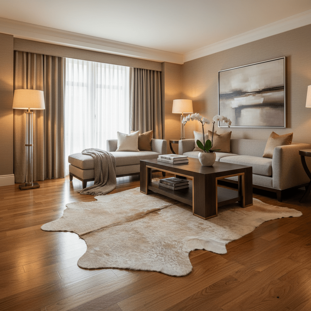 Beige and White Cowhide Rug Size 5.7x 7 ft - 5296J