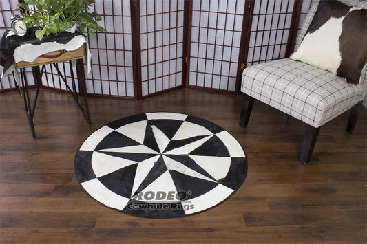 Black & White TEXAS STAR Cowhide Patchwork Rug