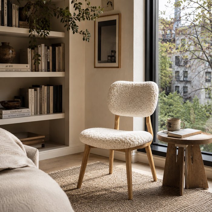 Cream Sherpa Accent Chair with Solid Wood Legs – Modern Rustic Dining & Desk Chair