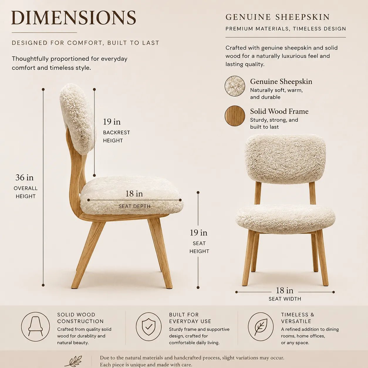 Cream Sherpa Accent Chair with Solid Wood Legs – Modern Rustic Dining & Desk Chair