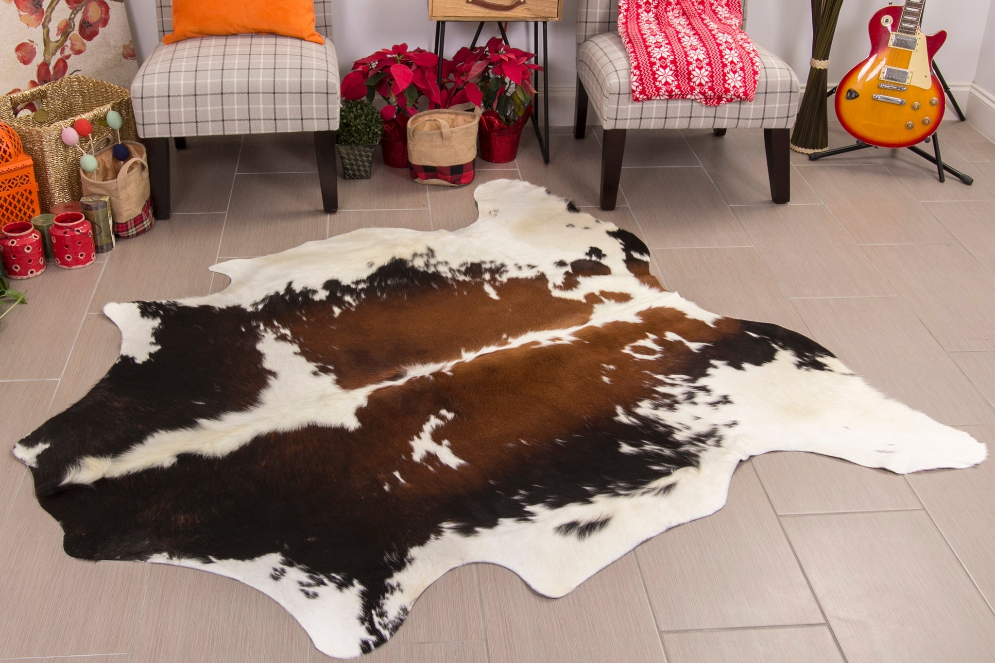 Beautiful authentic brown and white popular large cowhide rug