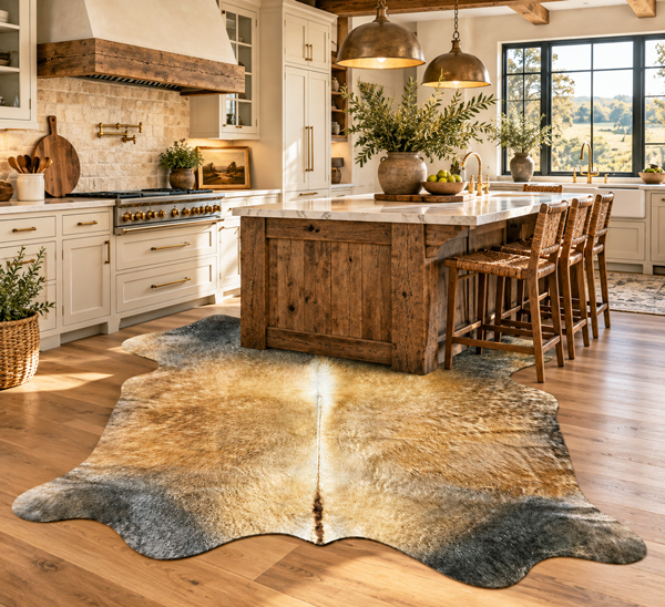 brown cowhide rug for kitchen