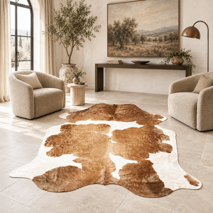 Extra Large Brown and White Cowhide Rug Size 6.10 x 8 ft - 5363Q