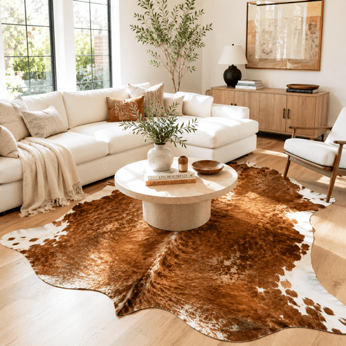 Extra Large Brown and White Cowhide Rug Size 6.11x 8.4 ft - 5334N
