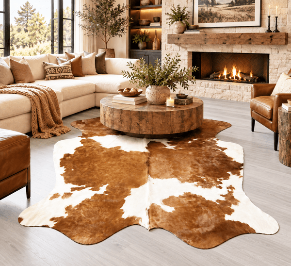 Extra Large Brown and White Cowhide Rug Size 6.2 x7.5 ft - 5385S