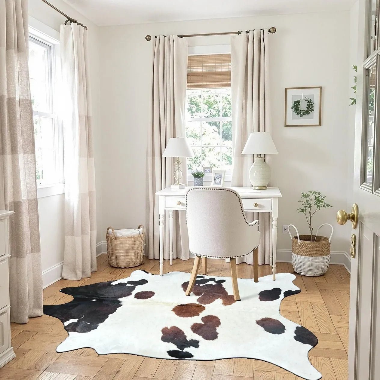 Extra Large Brown and White Cowhide Rug Size 6.4 x 7.7 ft - 4985