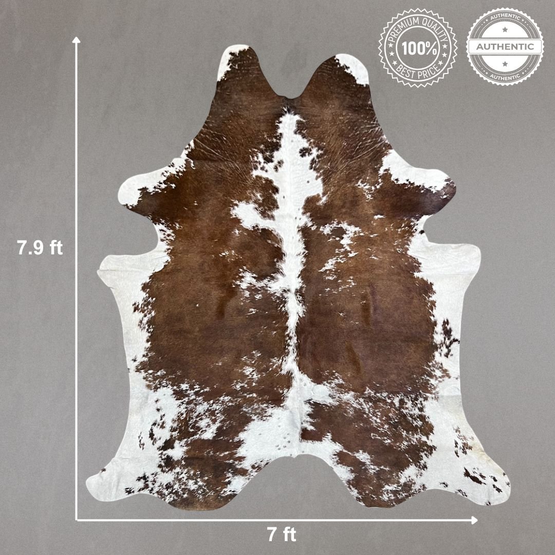 Extra Large Brown and White Cowhide Rug Size 7 x 7.9 ft - 5091