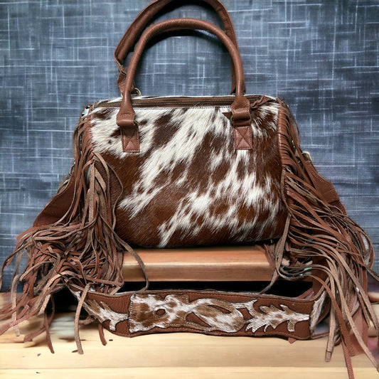 Fringe-Adorned Cowhide Bag with Crossbody Strap and Tote Handle - Rodeo Cowhide RugsBrown