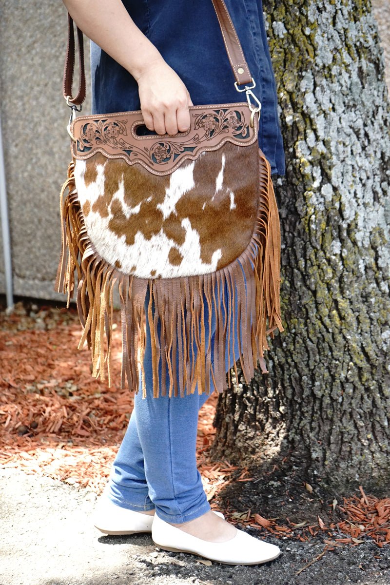 Fringed Crossbody Cow Hair Purse - Rodeo Cowhide RugsBrown