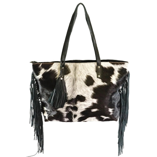 Genuine leather hair on cowhide women's shoulder bag with fringes