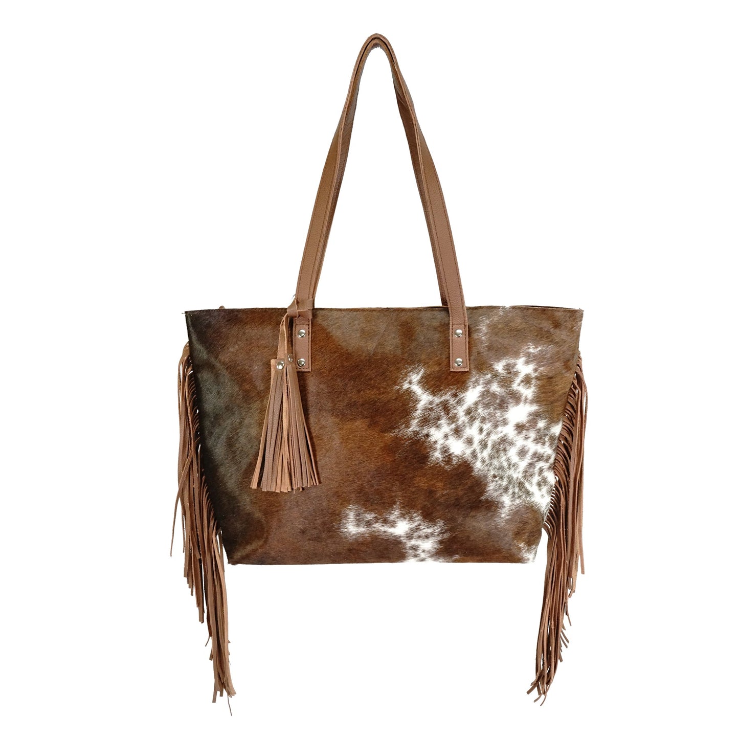 Genuine leather hair on cowhide women's shoulder bag with fringes - Rodeo Cowhide RugsBrown