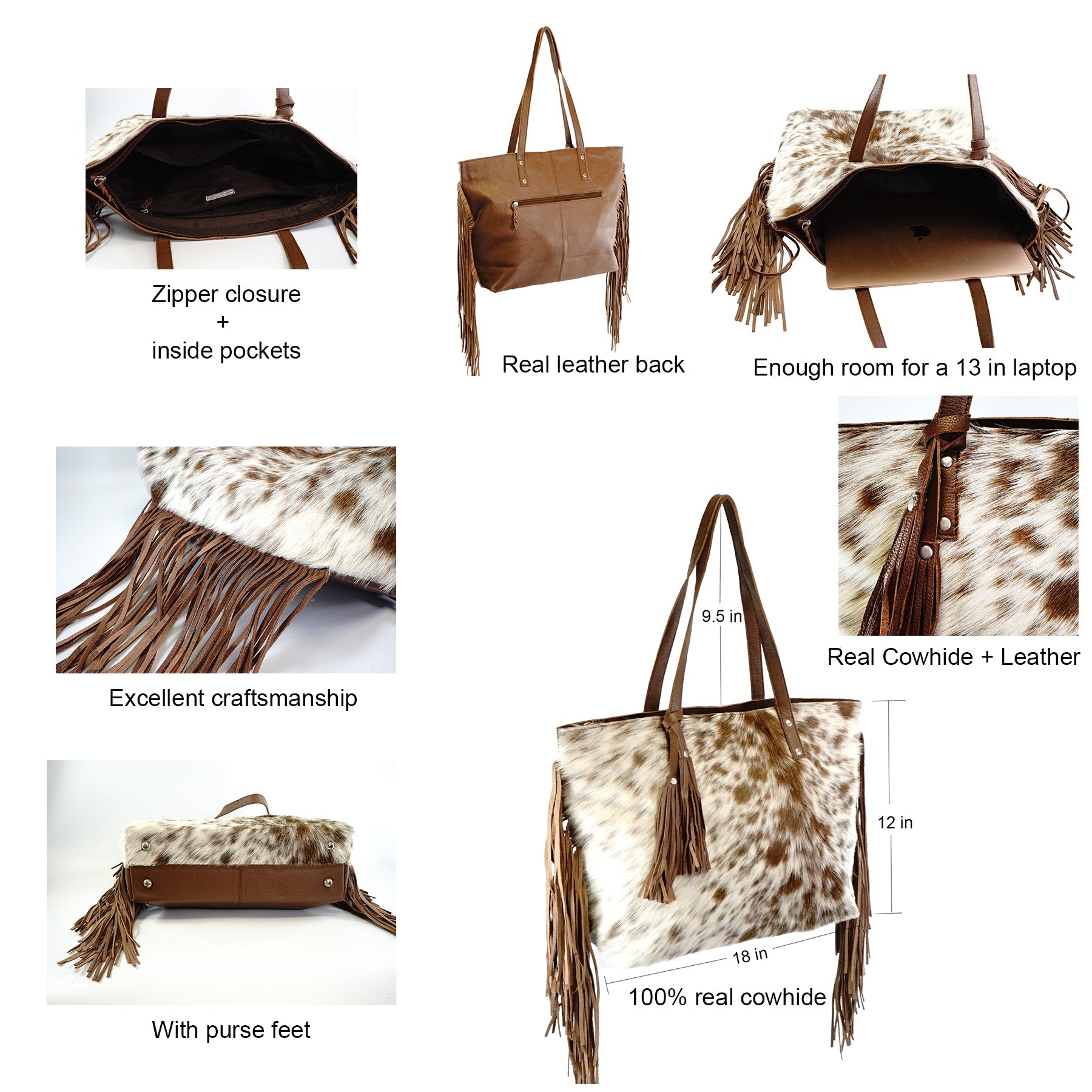 Genuine leather hair on cowhide women's shoulder bag with fringes - Rodeo Cowhide RugsChocolate