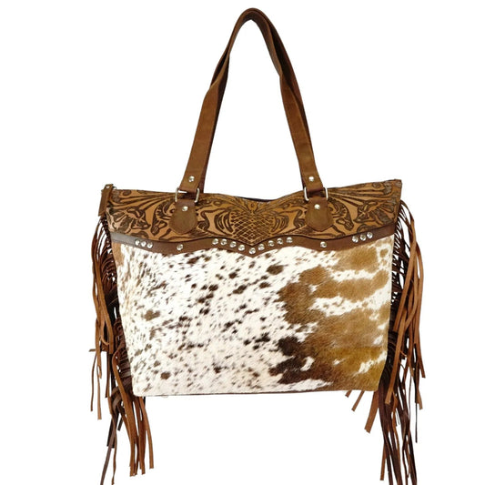 Hair on genius leather cowhide tote bag with fringes