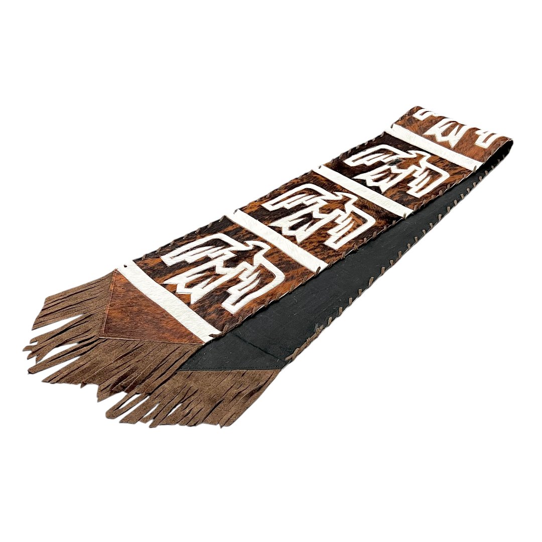 Handcrafted Cowhide Table Runner with Tribal Design & Fringe