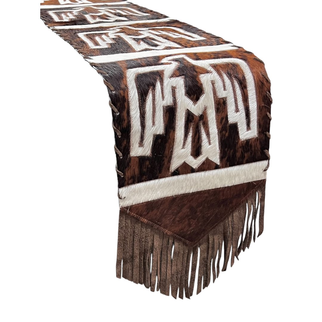 Handcrafted Cowhide Table Runner with Tribal Design & Fringe