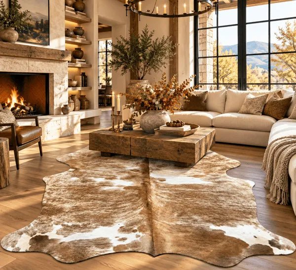 Large Beige and White Cowhide Rug Size 4.11 x5.7 ft - 5379R