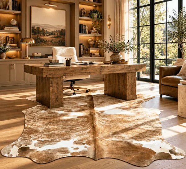 Large Beige and White Cowhide Rug Size 4.11 x5.7 ft - 5379R