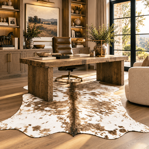 Large Beige and White Cowhide Rug Size 5.3 x 5.10 ft - 5375R