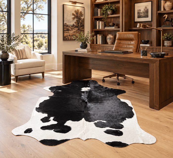 Large Black and White Cowhide Rug Size 5.6 x 6.7 ft - 5362Q