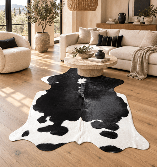 Large Black and White Cowhide Rug Size 5.6 x 6.7 ft - 5362Q