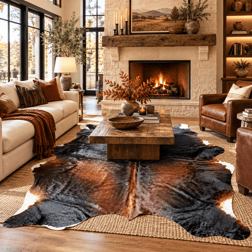 Large Black Reddish Cowhide Rug Size 5.10 x 7 ft - 5373