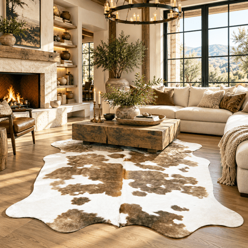 Large Brown and White Cowhide Rug Size 5.8 x 6.6 ft - 5377R
