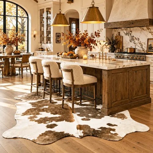 Large Brown and White Cowhide Rug Size 5.8 x 6.6 ft - 5377R