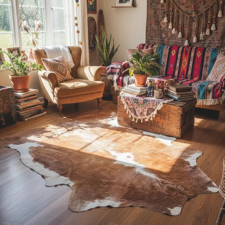 Large Brown and White Cowhide Rug Size 5.9x 6.11 ft - 5270H