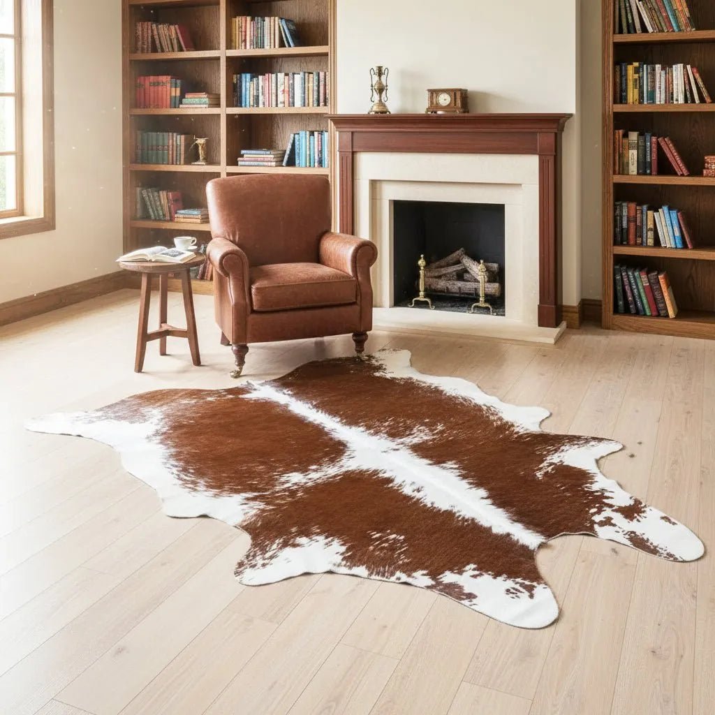 Large Brown and White Cowhide Rug Size 6x 7 ft - 5308