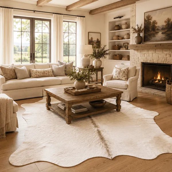 Large Light Champagne Cowhide Rug Size 5.6 x 6.8 ft - 5352