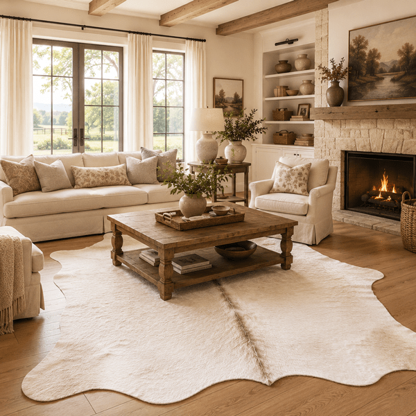 Large Light Champagne Cowhide Rug Size 5.6 x 6.8 ft - 5352