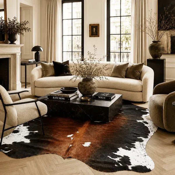 Large Tricolor Cowhide Rug Size 5 x 6.4 ft - 5348P